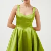 Best Sale ⌛ Karen Millen Italian Structured Satin Full 👗 Skirted Mini 👗 Dress ⌛ -Dresses Sales Store akk03844 chartreuse xl