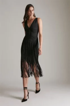 Flash Sale 🎁 Karen Millen Bandage Knit Fringe Tiered Midi 👗 Dress 👍