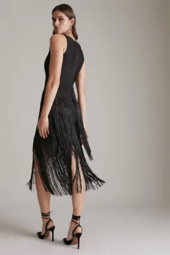 Flash Sale 🎁 Karen Millen Bandage Knit Fringe Tiered Midi 👗 Dress 👍 -Dresses Sales Store akk06419 black xl 2