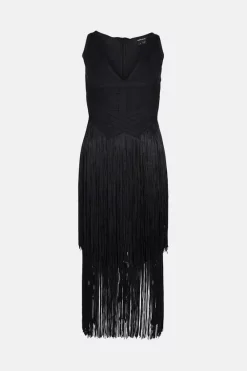 Flash Sale 🎁 Karen Millen Bandage Knit Fringe Tiered Midi 👗 Dress 👍 -Dresses Sales Store akk06419 black xl 4