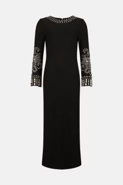 New ❤️ Karen Millen Embellished Detail Figure Form Crepe Midaxi 👗 Dress 😍 -Dresses Sales Store akk06478 black xl 3
