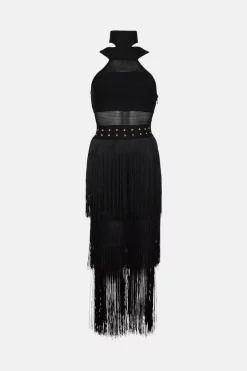 New 🌟 Karen Millen Cut Out Halter Fringed Bandage Knit Midi 👗 Dress 👍 -Dresses Sales Store bkk01821 black xl 3