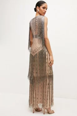 Hot Sale 👏 Karen Millen Beaded Fringed Woven Maxi 👗 Dress 🔥 -Dresses Sales Store bkk01987 nude xl 4