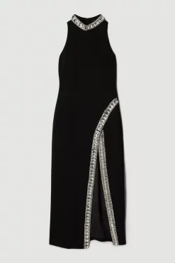 Flash Sale ✔️ Karen Millen Crystal Embellished Woven Thigh Split Maxi 👍 -Dresses Sales Store bkk02396 black xl 3