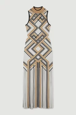 Wholesale ✨ Karen Millen Sliced Hem Placement Stripe Knit Jacquard Maxi 👗 Dress 😀 -Dresses Sales Store bkk02637 camel xl 3