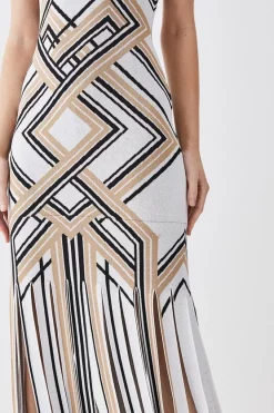 Wholesale ✨ Karen Millen Sliced Hem Placement Stripe Knit Jacquard Maxi 👗 Dress 😀 -Dresses Sales Store bkk02637 camel xl 4