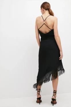 Flash Sale ⌛ Karen Millen Asymmetric Fringe Strappy Cami Midi 👗 Dress 🥰 -Dresses Sales Store bkk02722 black xl 2