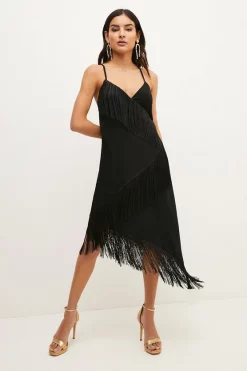 Outlet ⭐ Karen Millen Petite Asymmetric Fringe Strappy Cami Midi 👗 Dress 😀