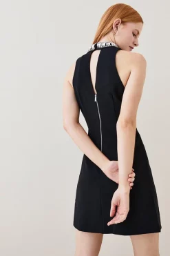 Budget ❤️ Karen Millen Crystal Embellished Woven Thigh Split Mini ✔️ -Dresses Sales Store bkk03204 black xl 2