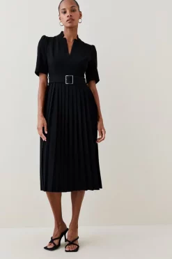 New 😍 Karen Millen Structured Crepe Forever Pleat Belted Midi 👗 Dress ✔️