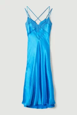 Discount ✔️ Karen Millen Textured Satin Lace Trim Woven Maxi Slip 👗 Dress 🎉 -Dresses Sales Store bkk03529 blue xl 4