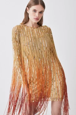 Promo 😀 Karen Millen Beaded Fringed Woven Mini 👗 Dress 🔔 -Dresses Sales Store bkk03536 gold xl 4
