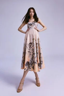 Buy 🤩 Karen Millen Hydrangea Bloom Print Metallic Jacquard Maxi Prom 👗 Dress 🔔