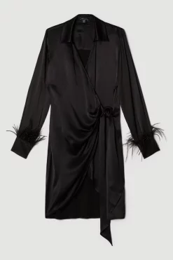 Promo ✨ Karen Millen Satin Back Crepe Feather Cuff Mini 👗 Dress ⭐ -Dresses Sales Store bkk03571 black xl 3