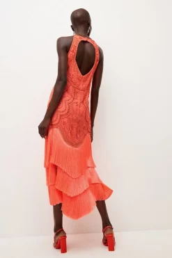 Outlet 🛒 Karen Millen Fringed Beaded Woven Midi 👗 Dress 🔥 -Dresses Sales Store bkk03634 coral xl 2