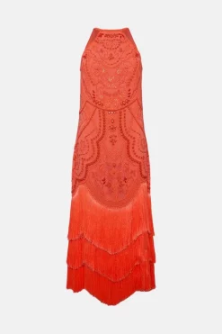 Outlet 🛒 Karen Millen Fringed Beaded Woven Midi 👗 Dress 🔥 -Dresses Sales Store bkk03634 coral xl 3
