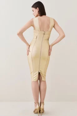Buy 🔥 Karen Millen Foiled Bandage Knit Midi 👗 Dress 👍 -Dresses Sales Store bkk03651 gold xl 2
