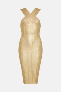 Buy 🔥 Karen Millen Foiled Bandage Knit Midi 👗 Dress 👍 -Dresses Sales Store bkk03651 gold xl 3