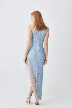 Flash Sale 🔥 Karen Millen Asymmetric Hem Fringe Hater Midi 👗 Dress ✨ -Dresses Sales Store bkk04319 blue xl 2