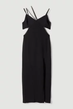 Promo ⭐ Karen Millen Soft Tailored Diamante Trim Cut Away Maxi 👗 Dress 🔔 -Dresses Sales Store bkk04425 black xl 3