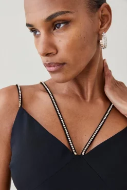 Promo ⭐ Karen Millen Soft Tailored Diamante Trim Cut Away Maxi 👗 Dress 🔔 -Dresses Sales Store bkk04425 black xl 4