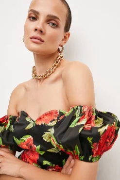 Deals ⭐ Karen Millen Italian Signature Stretch Rose Print Bardot Midi 👗 Dress 🛒 -Dresses Sales Store bkk04534 black xl 2