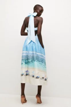 Outlet 🥰 Karen Millen Lydia Millen Tie Up Scenic Print Maxi 👗 Dress 🥰 -Dresses Sales Store bkk04632 blue xl 3