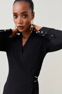 Deals 😀 Karen Millen Slinky Buckle Detail Wrap Jersey Mini 👗 Dress 🔥 -Dresses Sales Store bkk04728 black xl 2