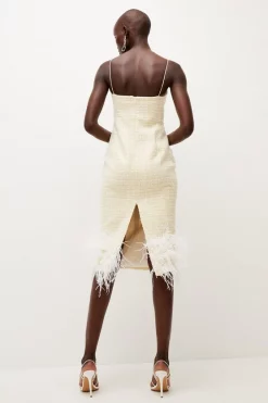 Deals 😀 Karen Millen Tweed Chain Strap Feather Hem Midi 👗 Dress 🎉 -Dresses Sales Store bkk04868 lemon xl 2