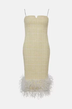 Deals 😀 Karen Millen Tweed Chain Strap Feather Hem Midi 👗 Dress 🎉 -Dresses Sales Store bkk04868 lemon xl 3