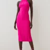 Outlet 🧨 Karen Millen Bandage Knit Halter Neck Figure Form 👗 Dress 🤩 -Dresses Sales Store bkk05024 fuchsia xl