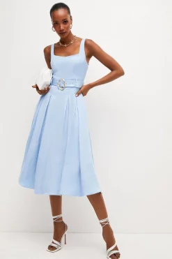 Buy 🤩 Karen Millen Premium Polished Linen Belted Pleat Midi 👗 Dress 👏