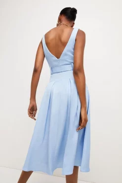 Buy 🤩 Karen Millen Premium Polished Linen Belted Pleat Midi 👗 Dress 👏 -Dresses Sales Store bkk05082 blue xl 2