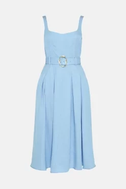 Buy 🤩 Karen Millen Premium Polished Linen Belted Pleat Midi 👗 Dress 👏 -Dresses Sales Store bkk05082 blue xl 3