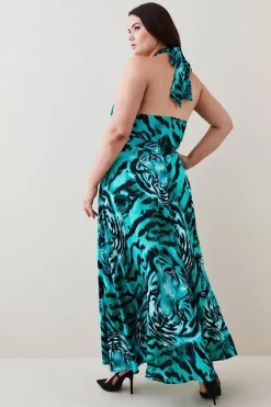 Best deal 🔥 Karen Millen Plus Size Tiger Viscose Satin Maxi 👗 Dress ⭐ -Dresses Sales Store bkk05664 green xl 2