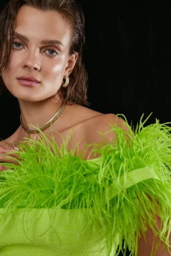 Buy 🔥 Karen Millen Boucle Feather Bardot Mini 👗 Dress ❤️ -Dresses Sales Store bkk06025 lime xl 2