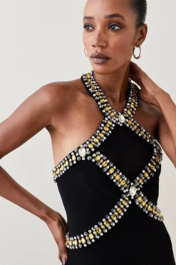 Deals ⌛ Karen Millen Embellished Halter Figure Form Midi 👗 Dress ✔️ -Dresses Sales Store bkk06325 black xl 2