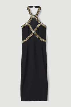 Deals ⌛ Karen Millen Embellished Halter Figure Form Midi 👗 Dress ✔️ -Dresses Sales Store bkk06325 black xl 4