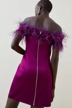 Deals ⭐ Karen Millen Italian Structured Satin Feather Bardot Mini 👗 Dress 💯 -Dresses Sales Store bkk06461 magenta xl 2