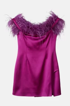Deals ⭐ Karen Millen Italian Structured Satin Feather Bardot Mini 👗 Dress 💯 -Dresses Sales Store bkk06461 magenta xl 3