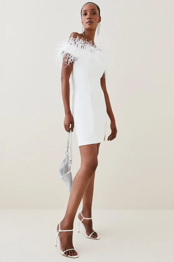 Promo β€οΈ Karen Millen Structured Crepe Feather Bardot Mini π Dress π 2 Promo β€οΈ Karen Millen Structured Crepe Feather Bardot Mini π Dress π