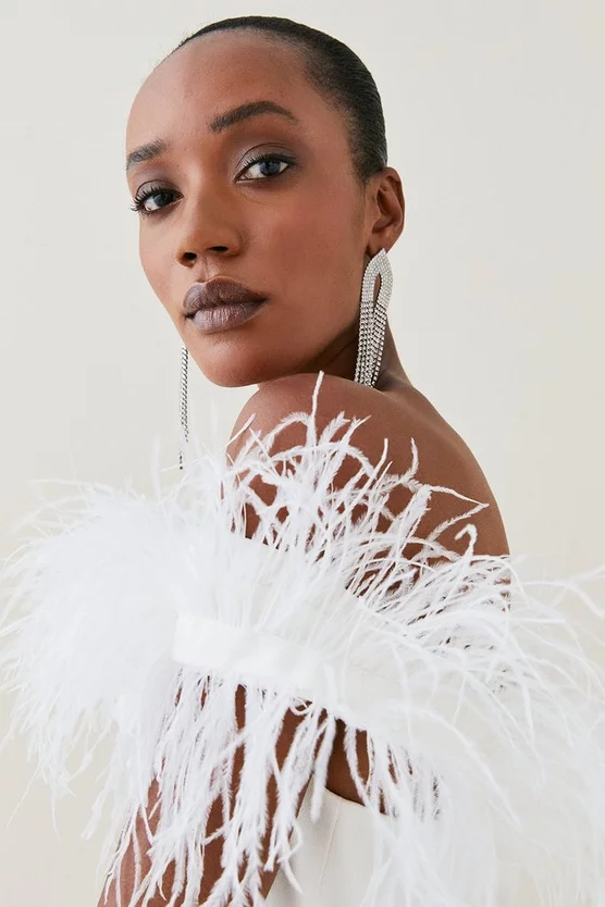 Promo β€οΈ Karen Millen Structured Crepe Feather Bardot Mini π Dress π 3 Promo β€οΈ Karen Millen Structured Crepe Feather Bardot Mini π Dress π - Image 2