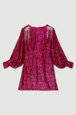 Best Sale ⌛ Karen Millen Sequin Crystal Embellished Woven Mini 👗 Dress 👏 -Dresses Sales Store bkk06573 hot20pink xl 4