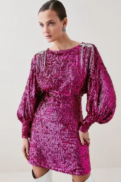 Best Sale ⌛ Karen Millen Sequin Crystal Embellished Woven Mini 👗 Dress 👏 -Dresses Sales Store bkk06573 hot20pink xl 6
