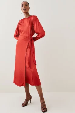 Budget 👏 Karen Millen Viscose Satin Satin Batwing Wrap Midi 👗 Dress 👍