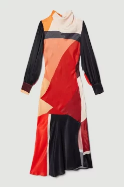 Outlet 🌟 Karen Millen Draped Stretch Satin Colour Block Midi 👗 Dress 😉 -Dresses Sales Store bkk07059 orange xl 3