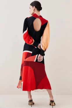 Outlet 🌟 Karen Millen Draped Stretch Satin Colour Block Midi 👗 Dress 😉 -Dresses Sales Store bkk07059 orange xl 5