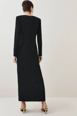 Hot Sale ⌛ Karen Millen Compact Viscose Sleeved Split Front Maxi 👗 Dress ⌛ -Dresses Sales Store bkk07072 black xl 2