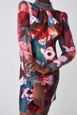 New 💯 Karen Millen Diamante Trim Floral Woven Mini 👗 Dress 🤩