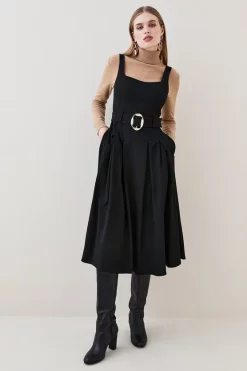 Hot Sale 👏 Karen Millen Structured Crepe Belted Pleat Midi 👗 Dress 🧨